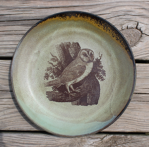 A green ceramic plate with an owl on it